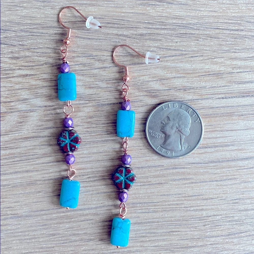 HAND CRAFTED TURQUOISE AND CZECH GLASS EARRINGS Copper Turquoise Purple Dangles